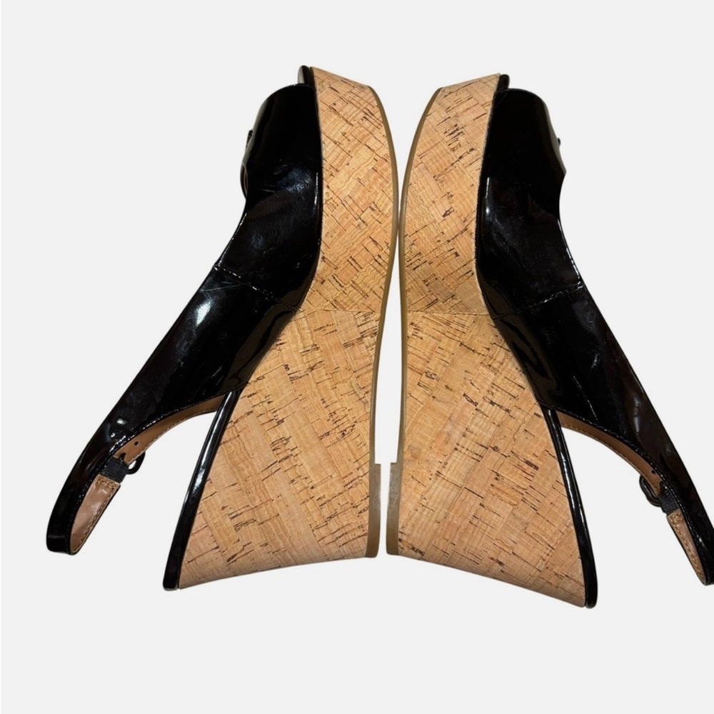 NWOB Coach Ferry Black Patent Leather Peek A Boo Toe Slingback Cork Wedges 8.5B - Picture 5 of 10